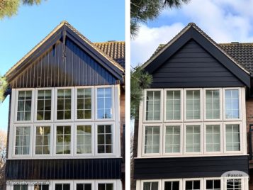 Before and after cladding installation on gable end